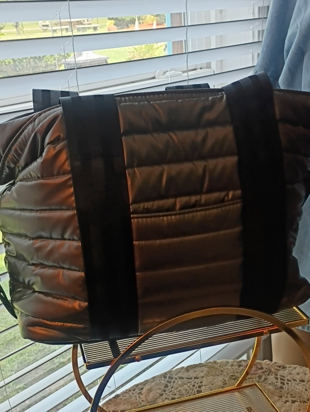 THINK ROYLN Quilted Duffel Bag in Brown with Black Straps